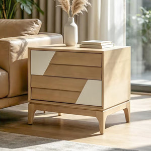 English Elm Modern Japandi Nightstand Two Drawer Geometric Patchwork Facade Tapered Legs Bedroom Natural N736P432628N