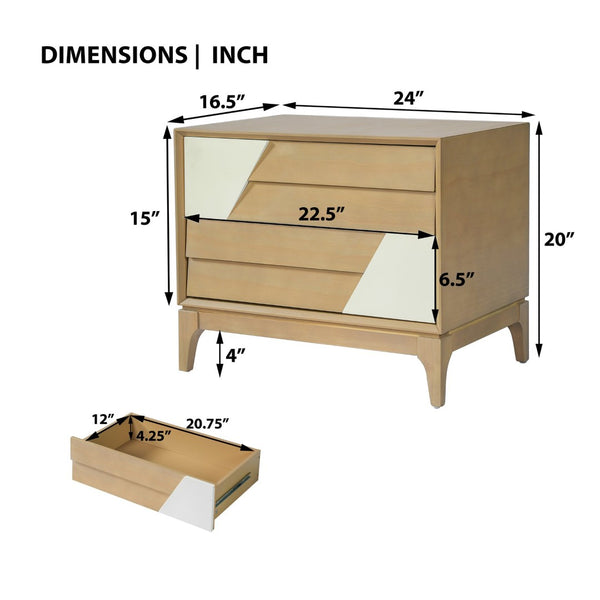 English Elm Modern Japandi Nightstand Two Drawer Geometric Patchwork Facade Tapered Legs Bedroom Natural N736P432628N