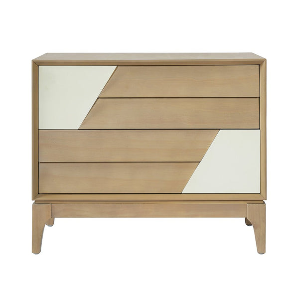 English Elm Modern Japandi Nightstand Two Drawer Geometric Patchwork Facade Tapered Legs Bedroom Natural N736P432628N