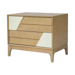 English Elm Modern Japandi Nightstand Two Drawer Geometric Patchwork Facade Tapered Legs Bedroom Natural N736P432628N