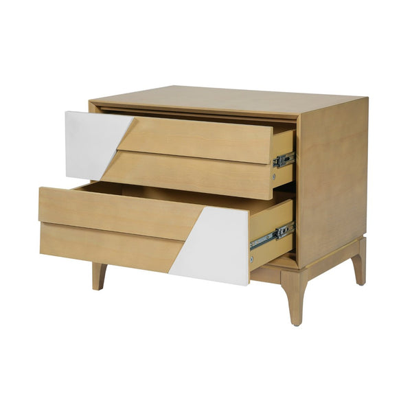 English Elm Modern Japandi Nightstand Two Drawer Geometric Patchwork Facade Tapered Legs Bedroom Natural N736P432628N