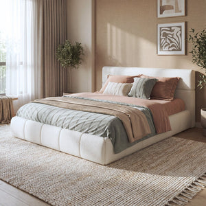 English Elm Queen Boucle Upholstered Platform Bed Low Profile Frame with Rounded Headboard N736Q013940W