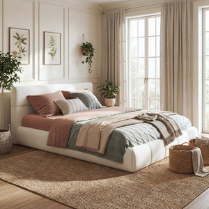 English Elm Queen Boucle Upholstered Platform Bed Low Profile Frame with Rounded Headboard N736Q013940W