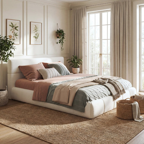 English Elm Queen Boucle Upholstered Platform Bed Low Profile Frame with Rounded Headboard N736Q013940W
