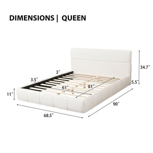 English Elm Queen Boucle Upholstered Platform Bed Low Profile Frame with Rounded Headboard N736Q013940W