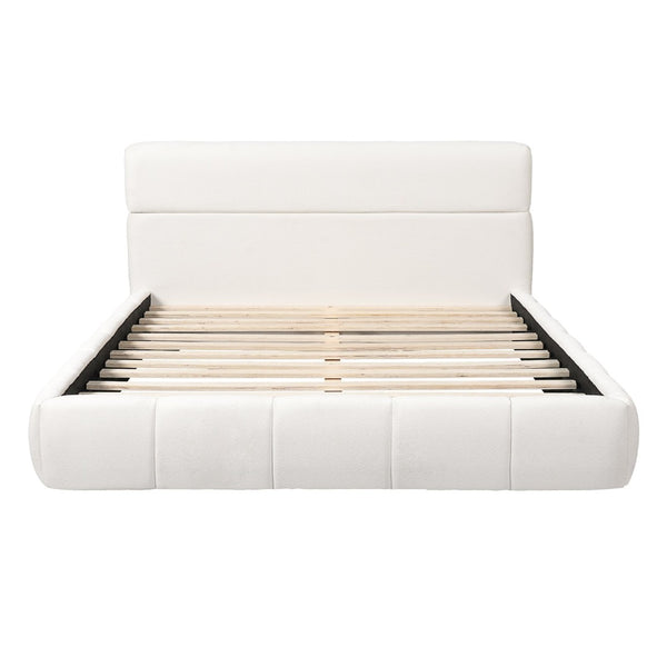 English Elm Queen Boucle Upholstered Platform Bed Low Profile Frame with Rounded Headboard N736Q013940W