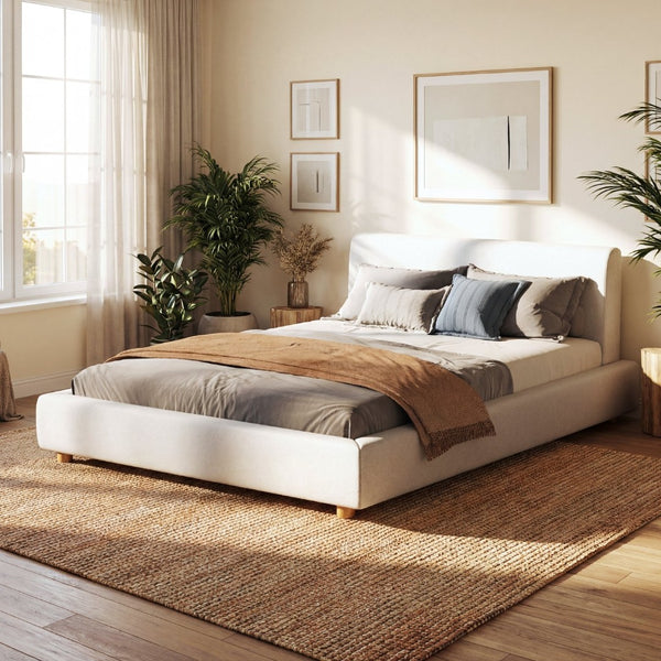 English Elm Queen Boucle Platform Bed Tall Padded Headboard Modern Bedroom No Box Spring N736Q020708W