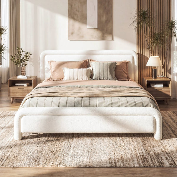 English Elm Queen Boucle Upholstered Platform Bed Curved Headboard Foam Padded Wooden Slats N736Q034748W