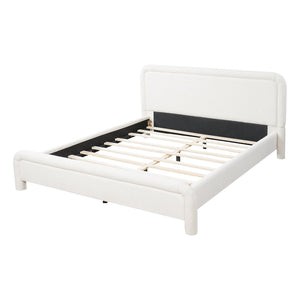 English Elm Queen Boucle Upholstered Platform Bed Curved Headboard Foam Padded Wooden Slats N736Q034748W