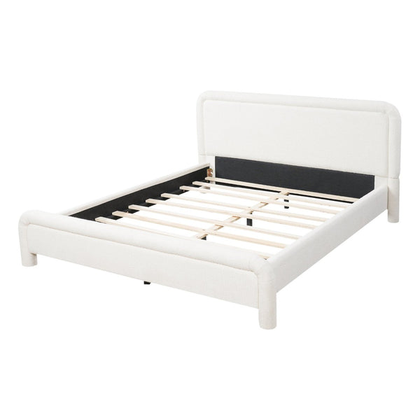 English Elm Queen Boucle Upholstered Platform Bed Curved Headboard Foam Padded Wooden Slats N736Q034748W