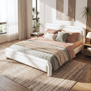 English Elm Queen Boucle Upholstered Platform Bed Curved Headboard Foam Padded Wooden Slats N736Q034748W