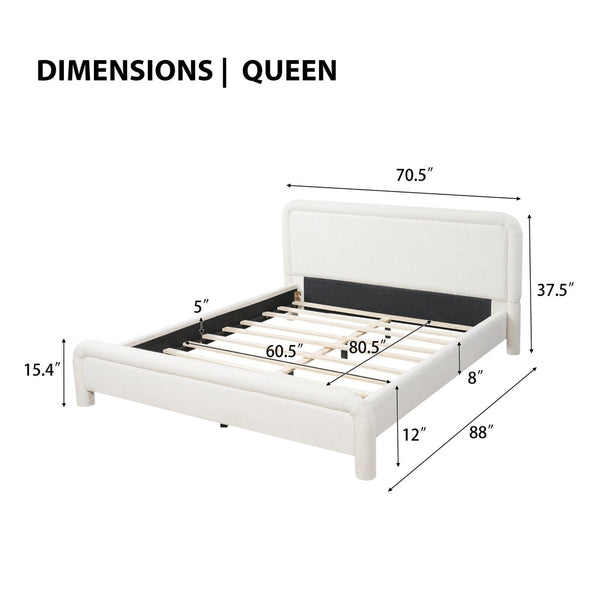 English Elm Queen Boucle Upholstered Platform Bed Curved Headboard Foam Padded Wooden Slats N736Q034748W