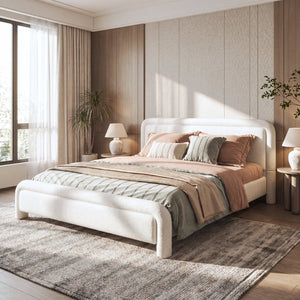 English Elm Queen Boucle Upholstered Platform Bed Curved Headboard Foam Padded Wooden Slats N736Q034748W