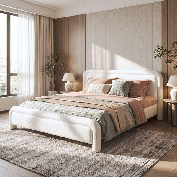 English Elm Queen Boucle Upholstered Platform Bed Curved Headboard Foam Padded Wooden Slats N736Q034748W
