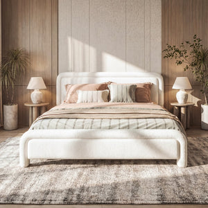 English Elm Queen Boucle Upholstered Platform Bed Curved Headboard Foam Padded Wooden Slats N736Q034748W