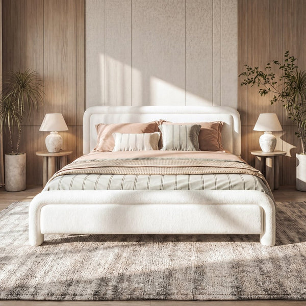 English Elm Queen Boucle Upholstered Platform Bed Curved Headboard Foam Padded Wooden Slats N736Q034748W