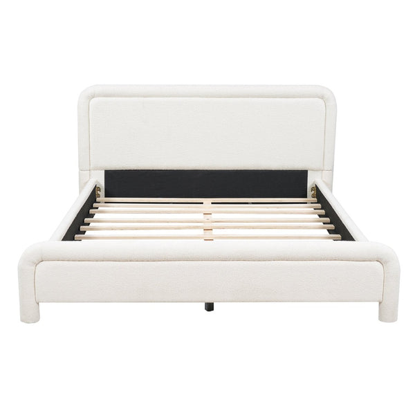 English Elm Queen Boucle Upholstered Platform Bed Curved Headboard Foam Padded Wooden Slats N736Q034748W