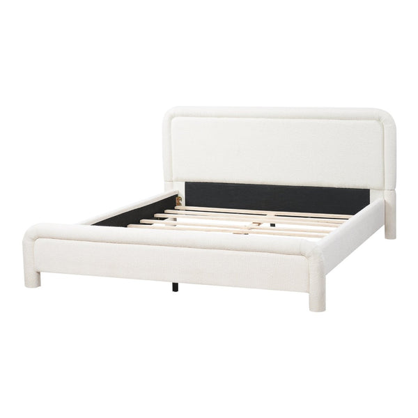 English Elm Queen Boucle Upholstered Platform Bed Curved Headboard Foam Padded Wooden Slats N736Q034748W