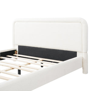 English Elm Queen Boucle Upholstered Platform Bed Curved Headboard Foam Padded Wooden Slats N736Q034748W