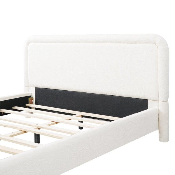 English Elm Queen Boucle Upholstered Platform Bed Curved Headboard Foam Padded Wooden Slats N736Q034748W