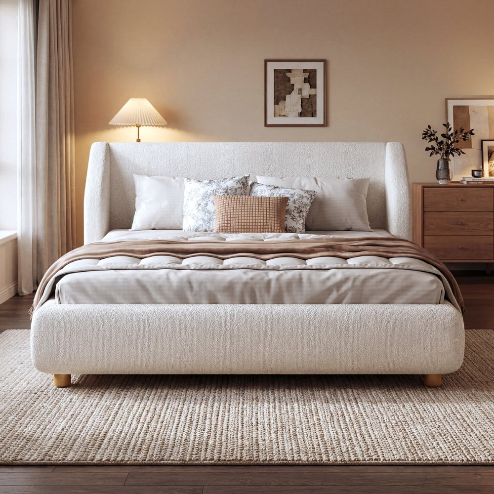 English Elm Modern Bouclé Queen Bed Wingback Headboard Upholstered Frame with Solid Wood Slat Support N736Q046768W