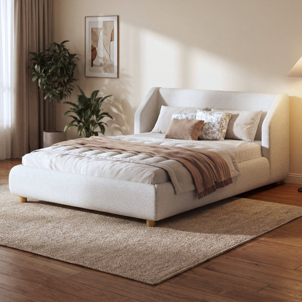 English Elm Modern Bouclé Queen Bed Wingback Headboard Upholstered Frame with Solid Wood Slat Support N736Q046768W
