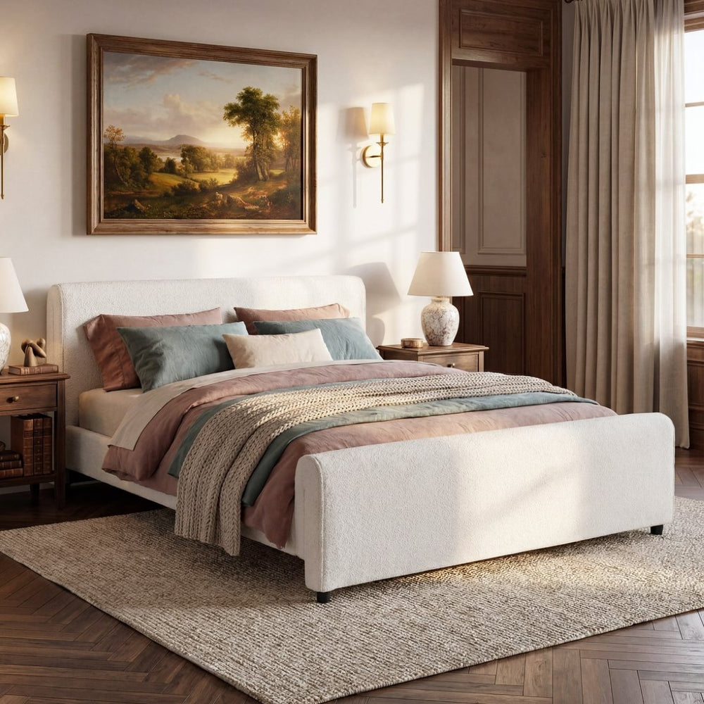 English Elm Luxury Bouclé Queen Platform Bed Curved Wingback Headboard Solid Wood Slats White N736Q088889W