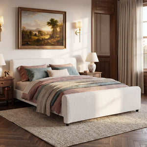 English Elm Luxury Bouclé Queen Platform Bed Curved Wingback Headboard Solid Wood Slats White N736Q088889W