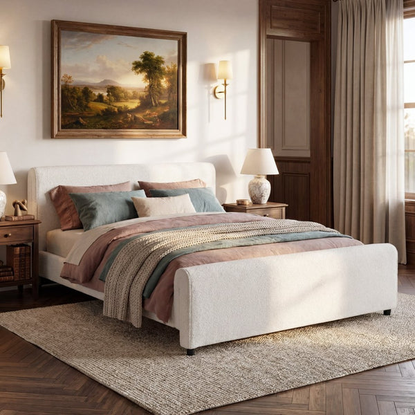 English Elm Luxury Bouclé Queen Platform Bed Curved Wingback Headboard Solid Wood Slats White N736Q088889W