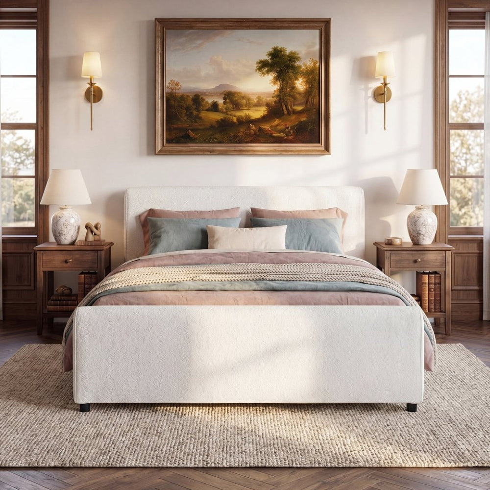English Elm Luxury Bouclé Queen Platform Bed Curved Wingback Headboard Solid Wood Slats White N736Q088889W