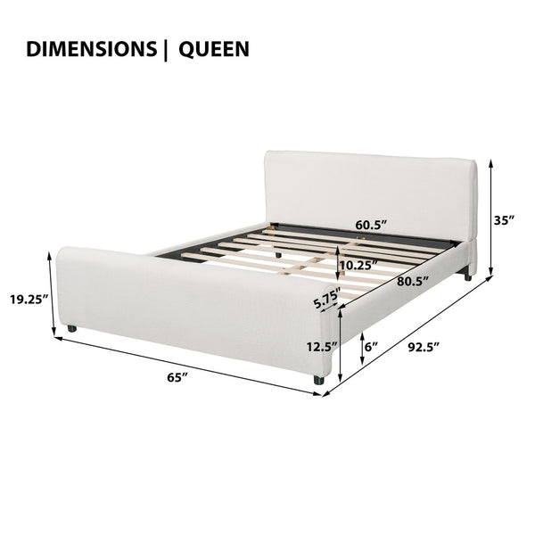 English Elm Luxury Bouclé Queen Platform Bed Curved Wingback Headboard Solid Wood Slats White N736Q088889W