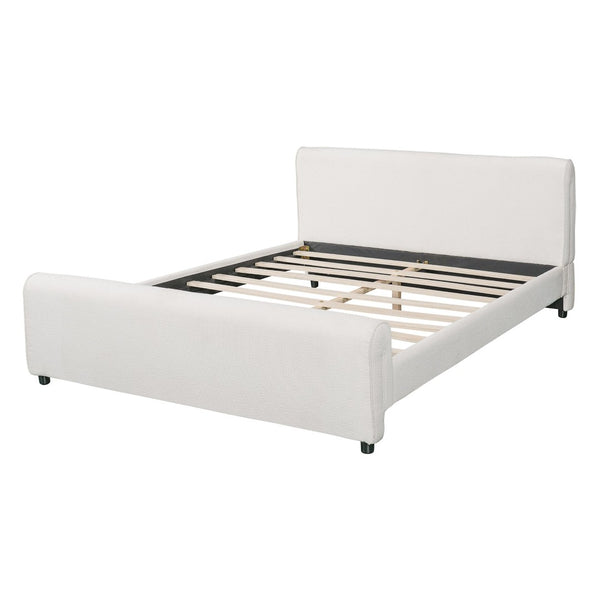English Elm Luxury Bouclé Queen Platform Bed Curved Wingback Headboard Solid Wood Slats White N736Q088889W