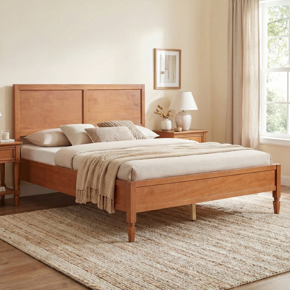 English Elm Queen Solid Wood Platform Bed Classic Panel Headboard Turned Legs No Box Spring Brown N736Q126667D