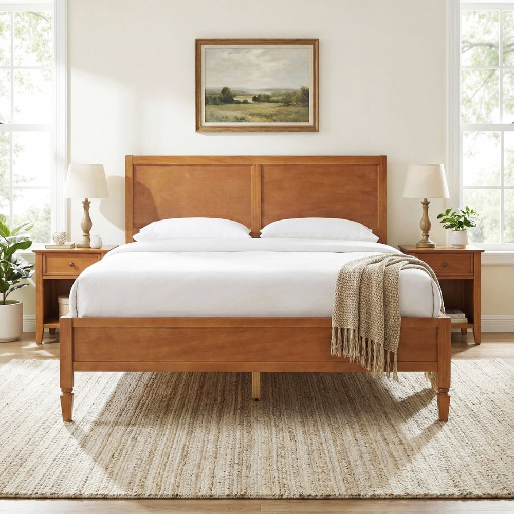 English Elm Queen Solid Wood Platform Bed Classic Panel Headboard Turned Legs No Box Spring Brown N736Q126667D