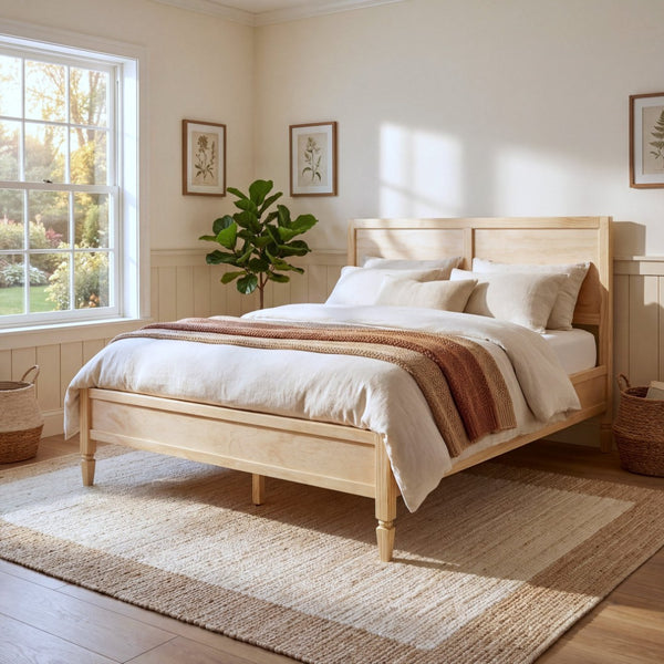 English Elm Queen Solid Wood Platform Bed Classic Panel Headboard Turned Legs No Box Spring Natural N736Q126667N