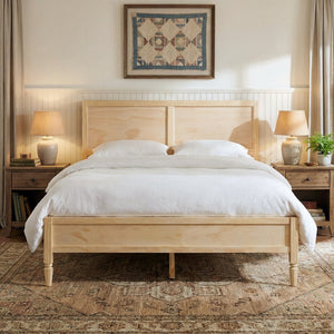 English Elm Queen Solid Wood Platform Bed Classic Panel Headboard Turned Legs No Box Spring Natural N736Q126667N