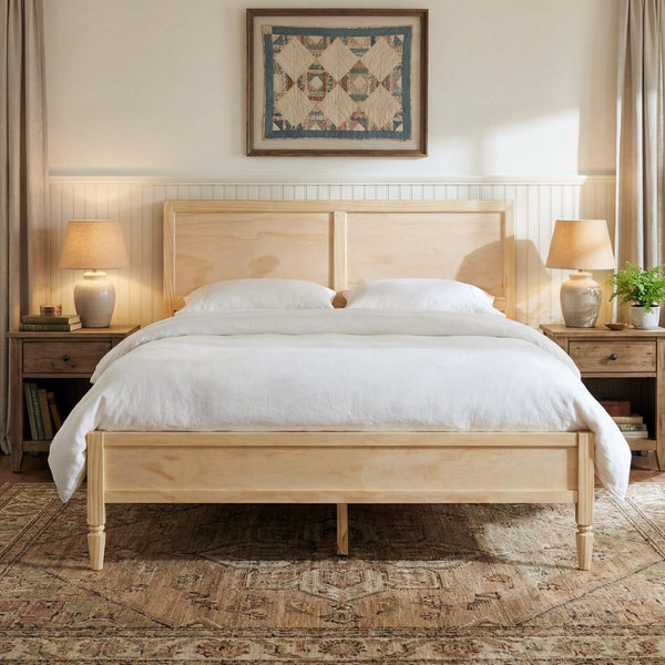 English Elm Queen Solid Wood Platform Bed Classic Panel Headboard Turned Legs No Box Spring Natural N736Q126667N