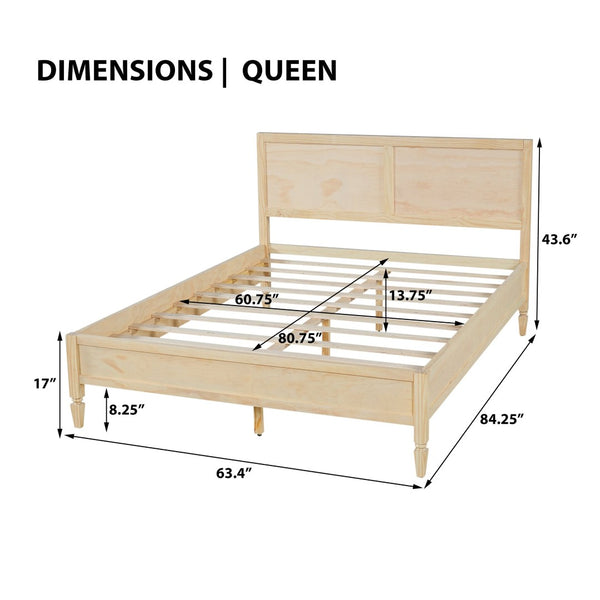 English Elm Queen Solid Wood Platform Bed Classic Panel Headboard Turned Legs No Box Spring Natural N736Q126667N