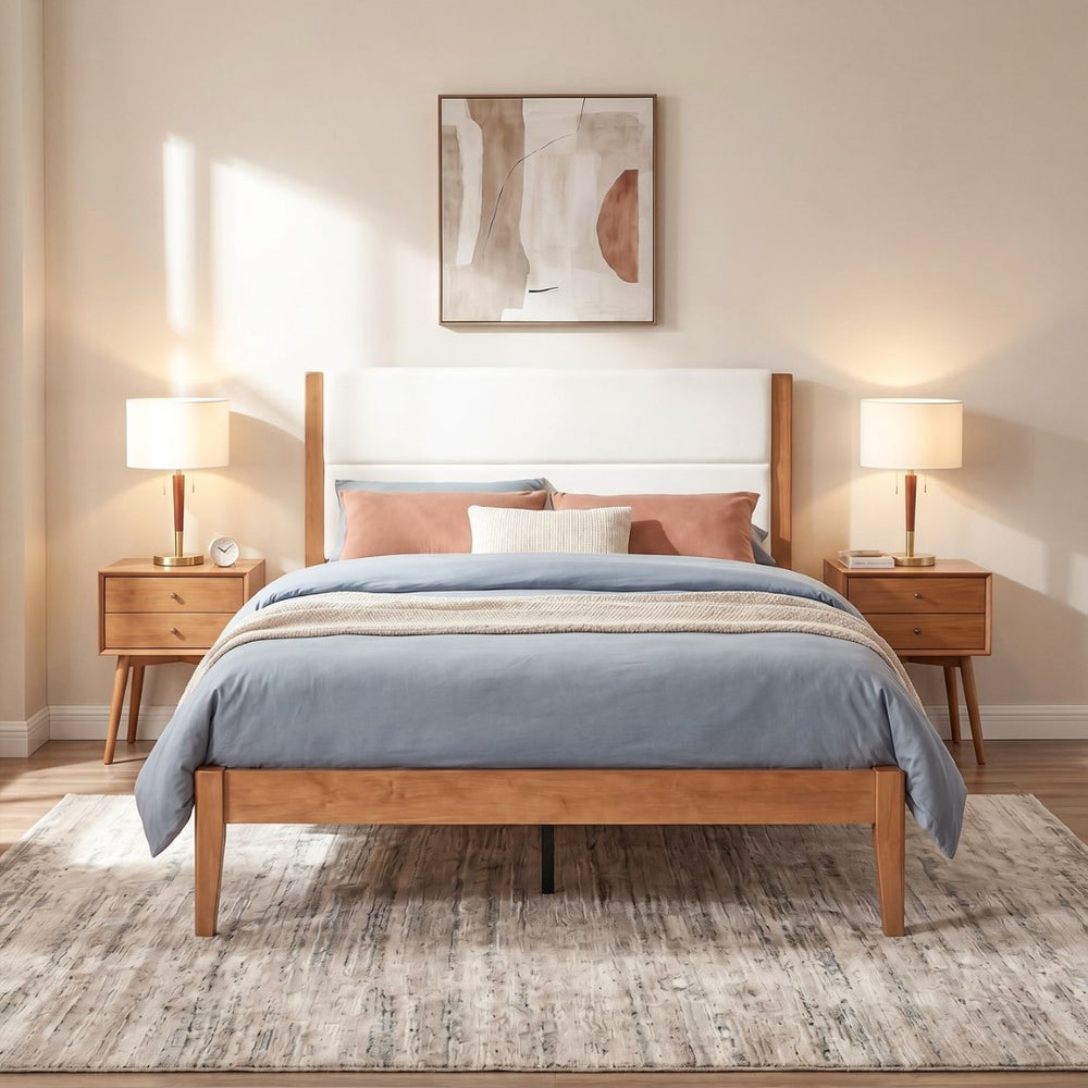 English Elm Mid-century Queen Platform Bed Tufted Upholstered Headboard Solid Wood Tapered Legs Brown N736Q135758B
