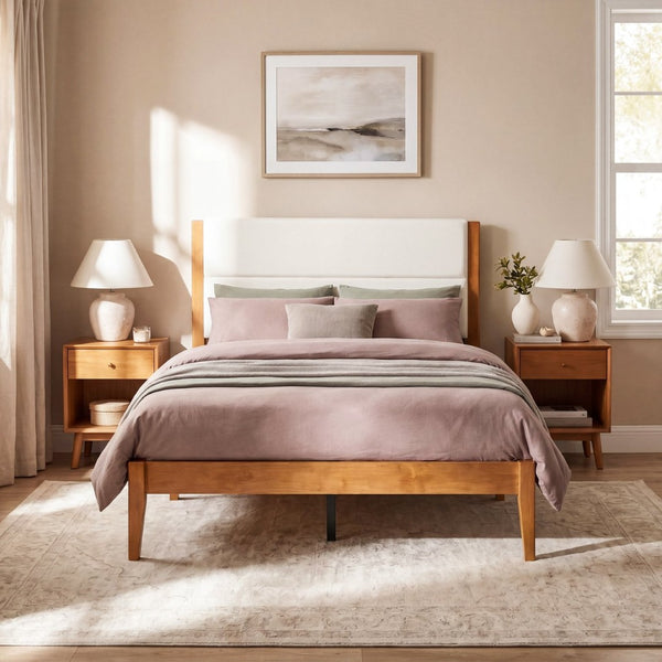 English Elm Mid-century Queen Platform Bed Tufted Upholstered Headboard Solid Wood Tapered Legs Brown N736Q135758B