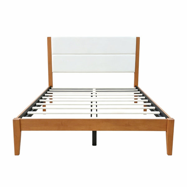 English Elm Mid-century Queen Platform Bed Tufted Upholstered Headboard Solid Wood Tapered Legs Brown N736Q135758B