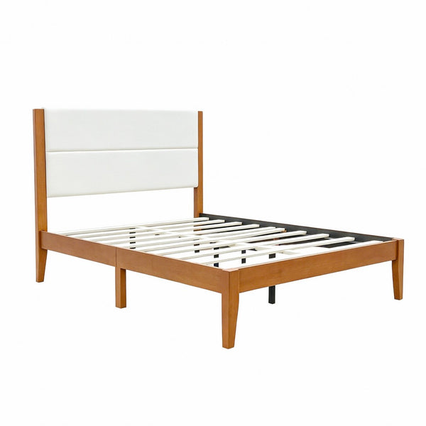 English Elm Mid-century Queen Platform Bed Tufted Upholstered Headboard Solid Wood Tapered Legs Brown N736Q135758B