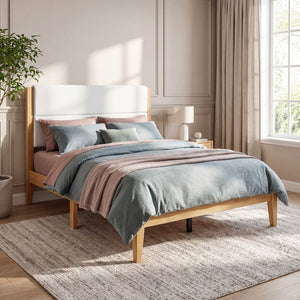 English Elm Mid-century Queen Platform Bed Tufted Upholstered Headboard Solid Wood Tapered Legs Natural N736Q135758N