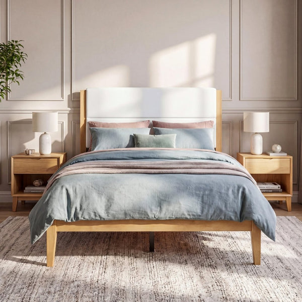 English Elm Mid-century Queen Platform Bed Tufted Upholstered Headboard Solid Wood Tapered Legs Natural N736Q135758N