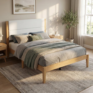 English Elm Mid-century Queen Platform Bed Tufted Upholstered Headboard Solid Wood Tapered Legs Natural N736Q135758N
