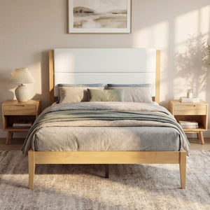 English Elm Mid-century Queen Platform Bed Tufted Upholstered Headboard Solid Wood Tapered Legs Natural N736Q135758N