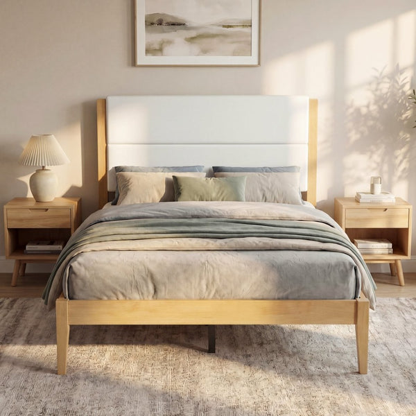 English Elm Mid-century Queen Platform Bed Tufted Upholstered Headboard Solid Wood Tapered Legs Natural N736Q135758N