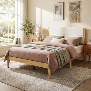 English Elm Mid-century Queen Platform Bed Tufted Upholstered Headboard Solid Wood Tapered Legs Natural N736Q135758N