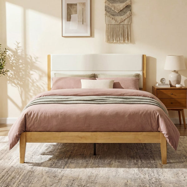 English Elm Mid-century Queen Platform Bed Tufted Upholstered Headboard Solid Wood Tapered Legs Natural N736Q135758N