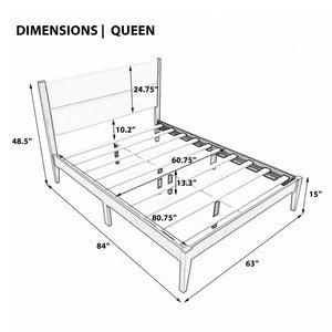 English Elm Mid-century Queen Platform Bed Tufted Upholstered Headboard Solid Wood Tapered Legs Natural N736Q135758N